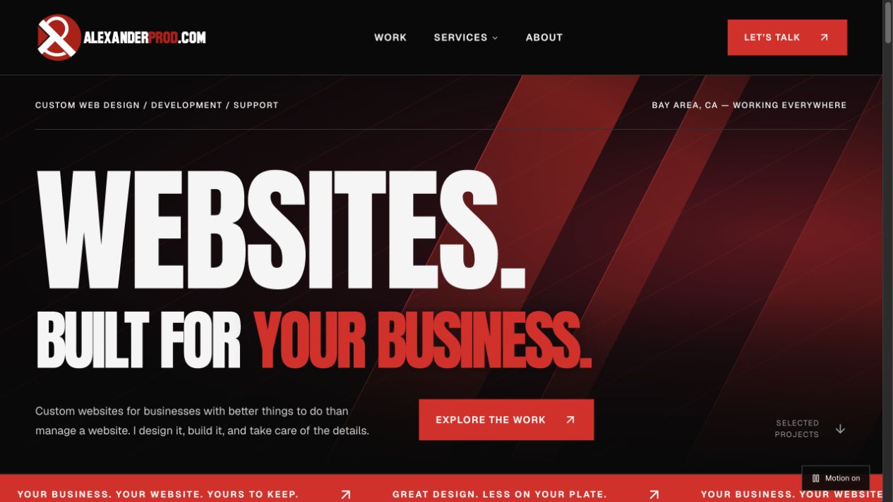 Alexander Pro Design’s website, featuring bold typography and a red and black identity